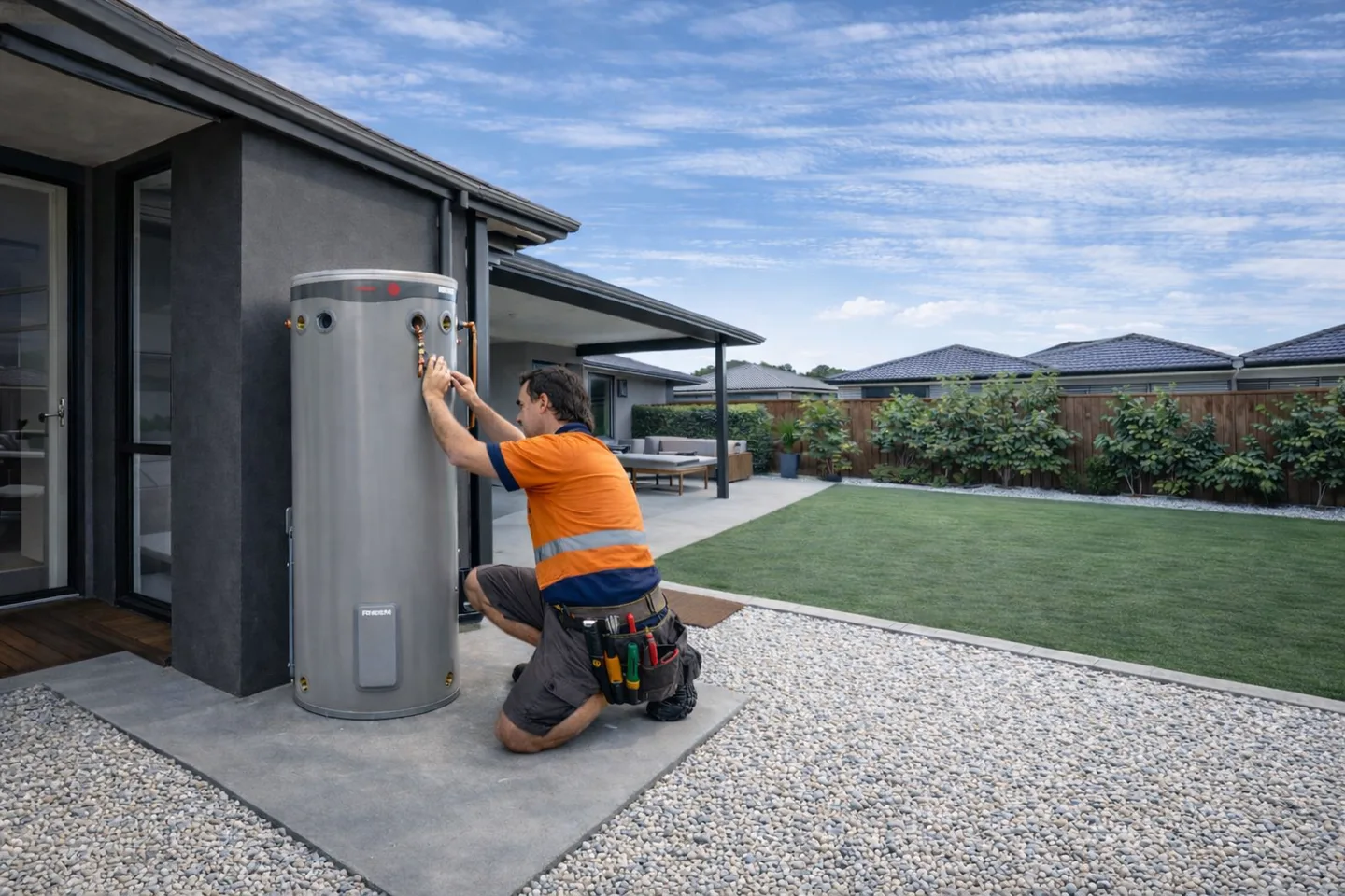 Illustration of a technician working on an electric hot water system outside a Perth-style home