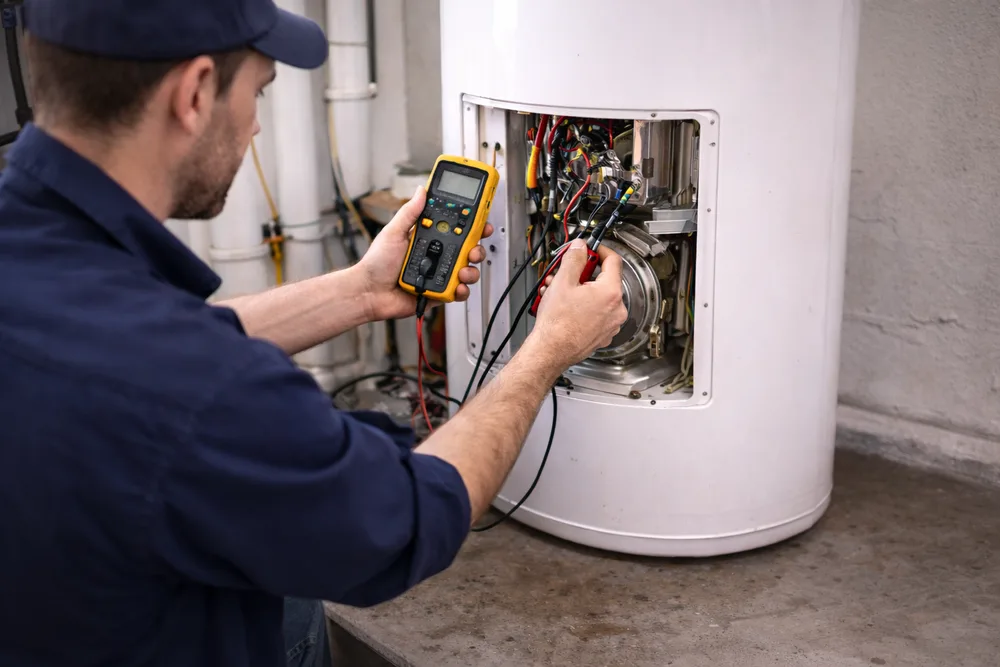Illustration of electrical fault testing on a hot water unit